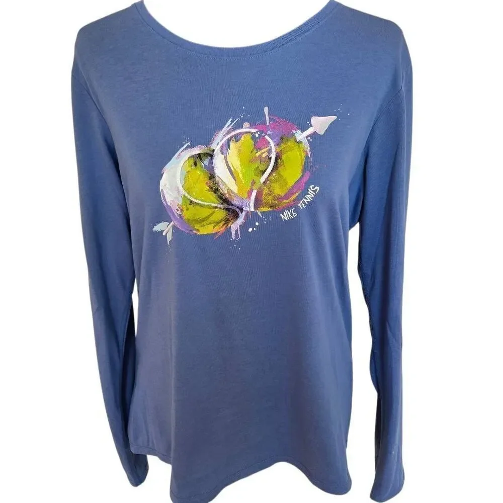 Nike Womens Dri Fit Long Sleeve Tennis Ball Graphic Tee Shirt Size Large
